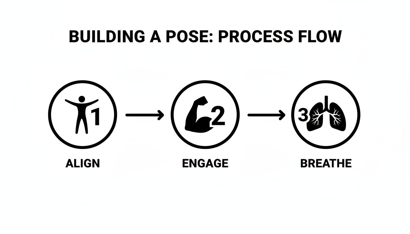 Yoga pose building process flow diagram with three steps: Align, Engage, and Breathe, each with a relevant icon.