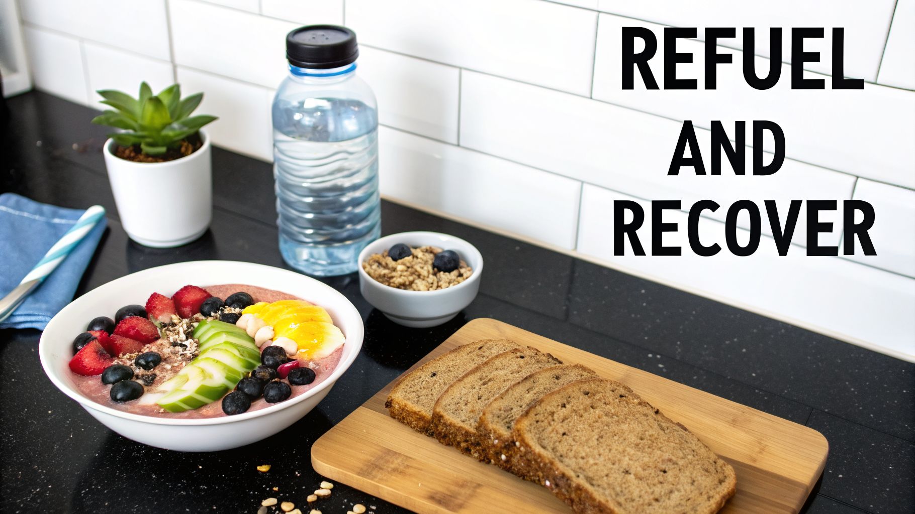 A healthy post-workout meal with a fruit smoothie bowl, whole grain bread, granola, and water.