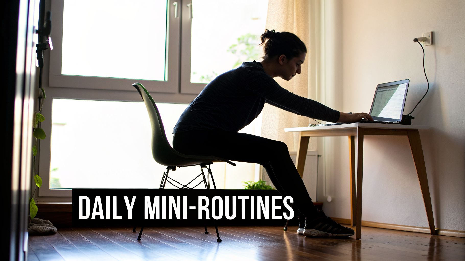 A silhouetted person works on a laptop at a desk near a bright window, displaying 'DAILY MINI-ROUTINES'.