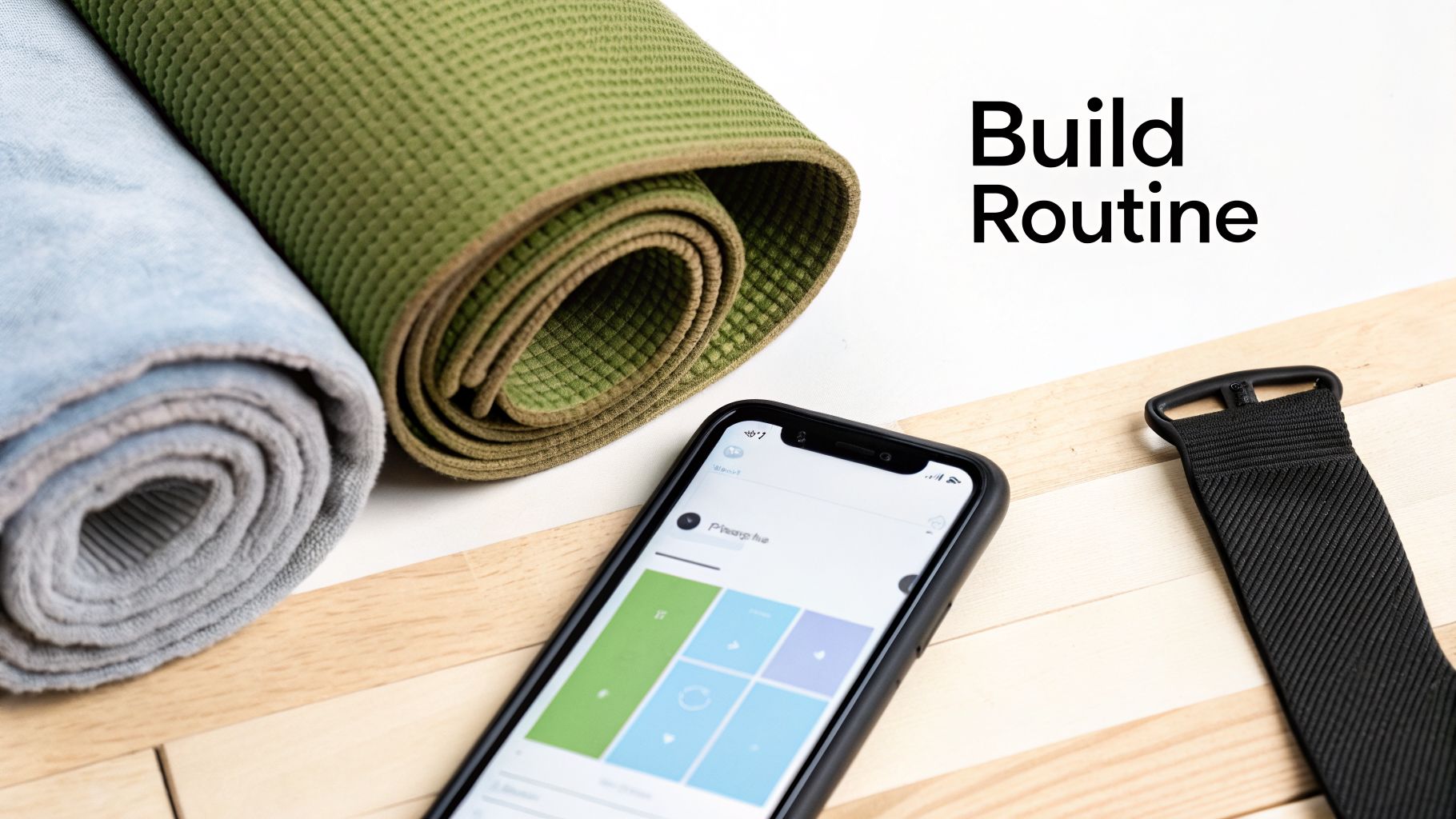 Two rolled yoga mats, a smartphone displaying a 'Build Routine' app, and a black strap on a wooden surface.