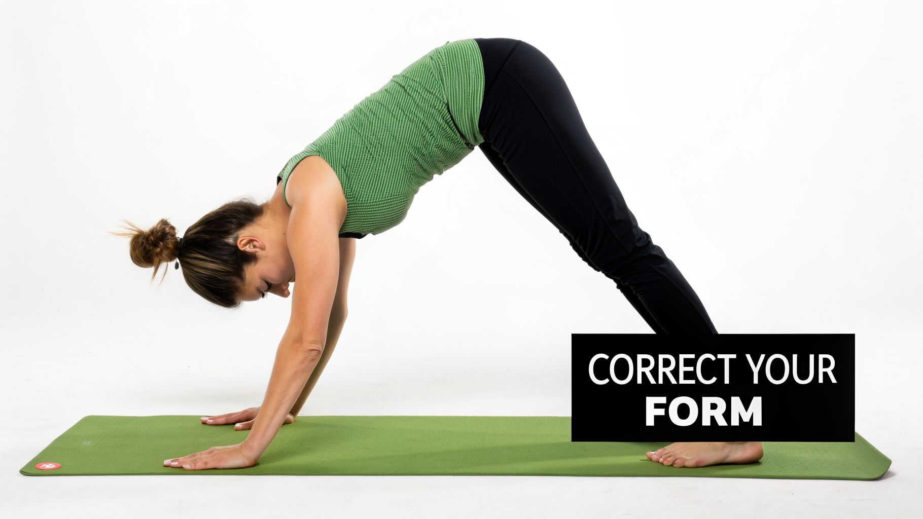 A woman in a green top and black leggings practices Downward-Facing Dog on a green yoga mat, with text 'CORRECT YOUR FORM'.