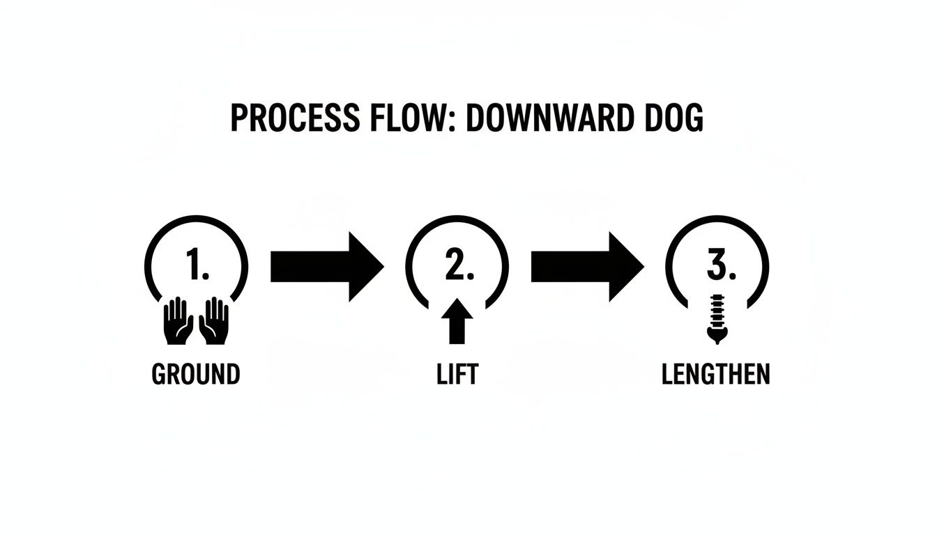 A clear process flow diagram outlining three steps to achieve the Downward Dog yoga pose: Ground, Lift, and Lengthen.