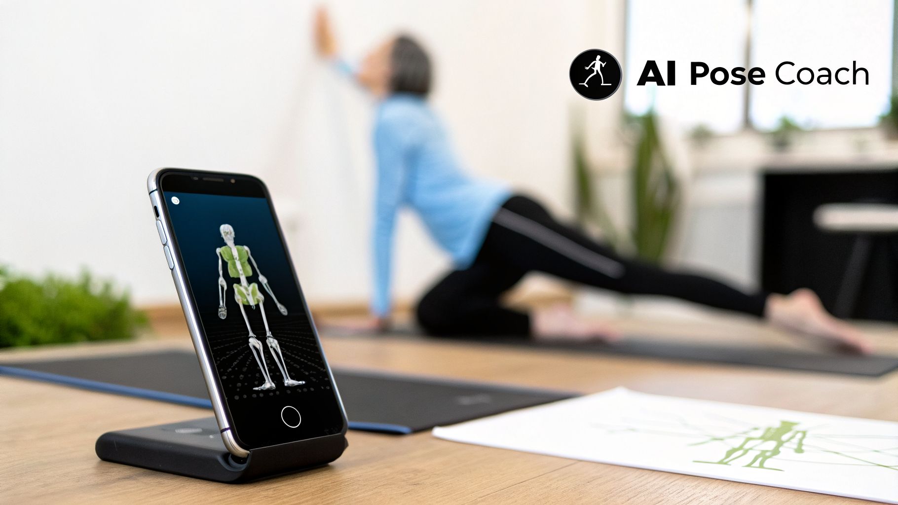 A smartphone displays an AI pose coach app with a skeleton model, while a person does yoga in the background.