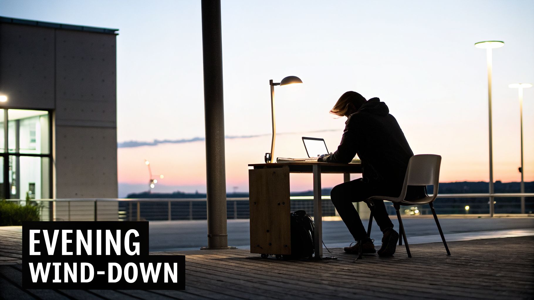 A person works on a laptop at an outdoor desk during sunset, with modern buildings and streetlights in the background.