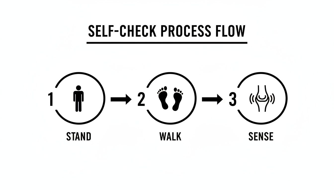 Flowchart showing a self-check process: 1. Stand, 2. Walk, 3. Sense, with corresponding icons.