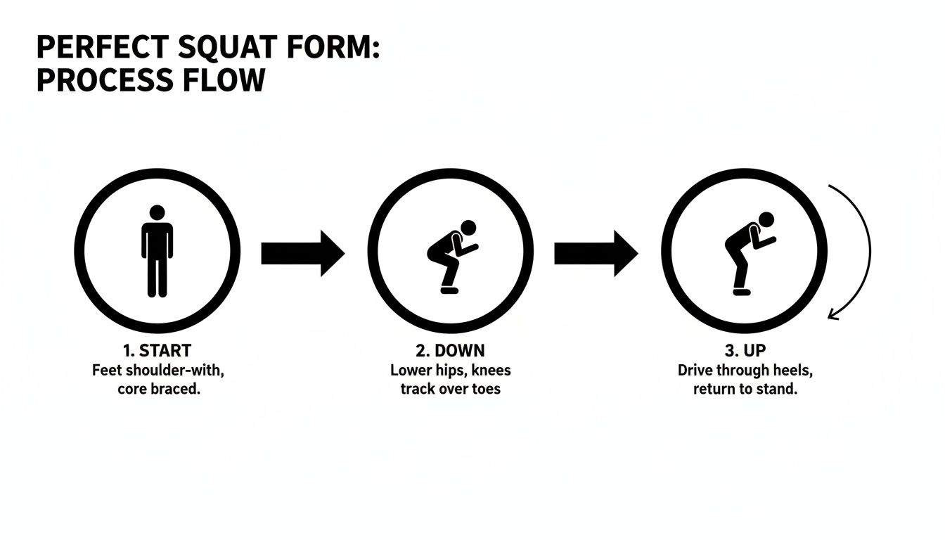 Process flow diagram illustrating three steps for perfect squat form with stick figures and instructions.