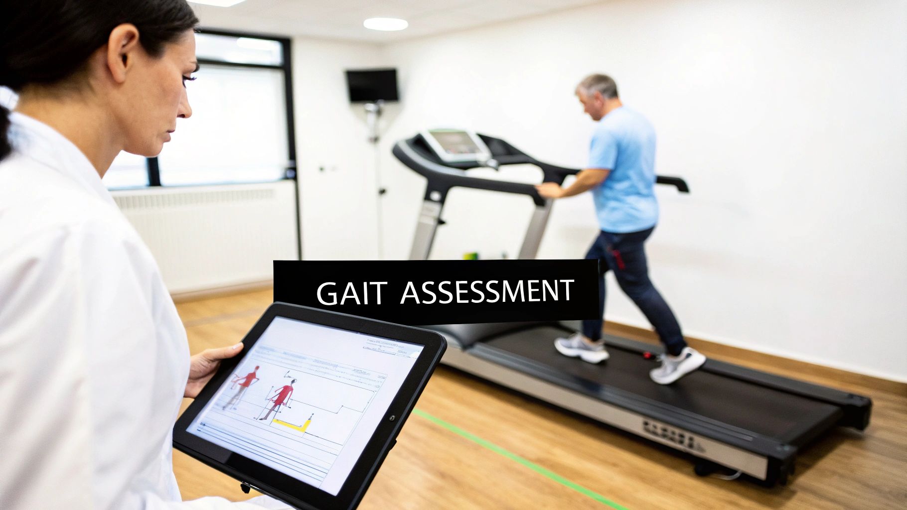 A therapist monitors a patient's gait assessment on a treadmill using a digital tablet.