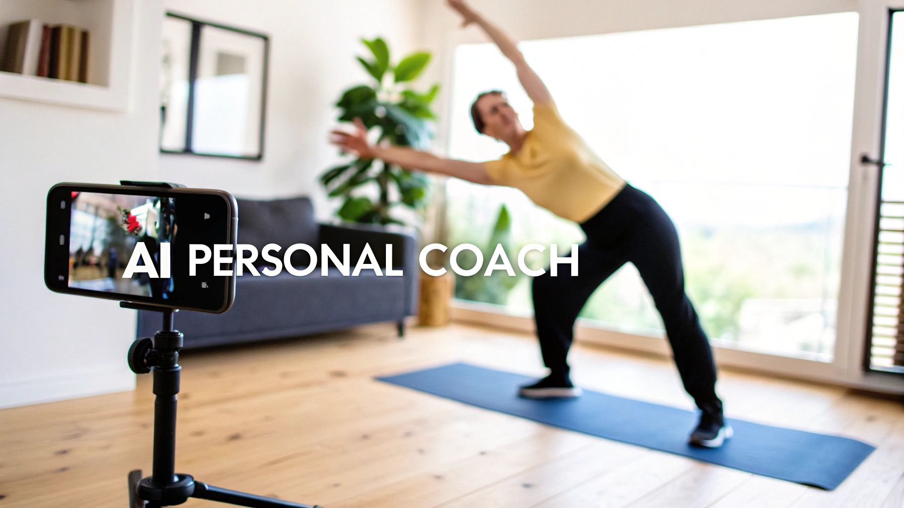 A person doing a yoga-like pose at home, with a smartphone on a tripod for an AI personal coach.