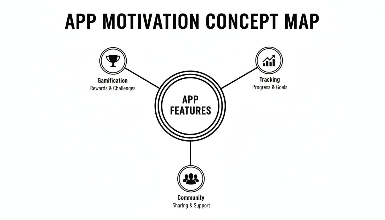Concept map illustrating app motivation with gamification, tracking, and community features.