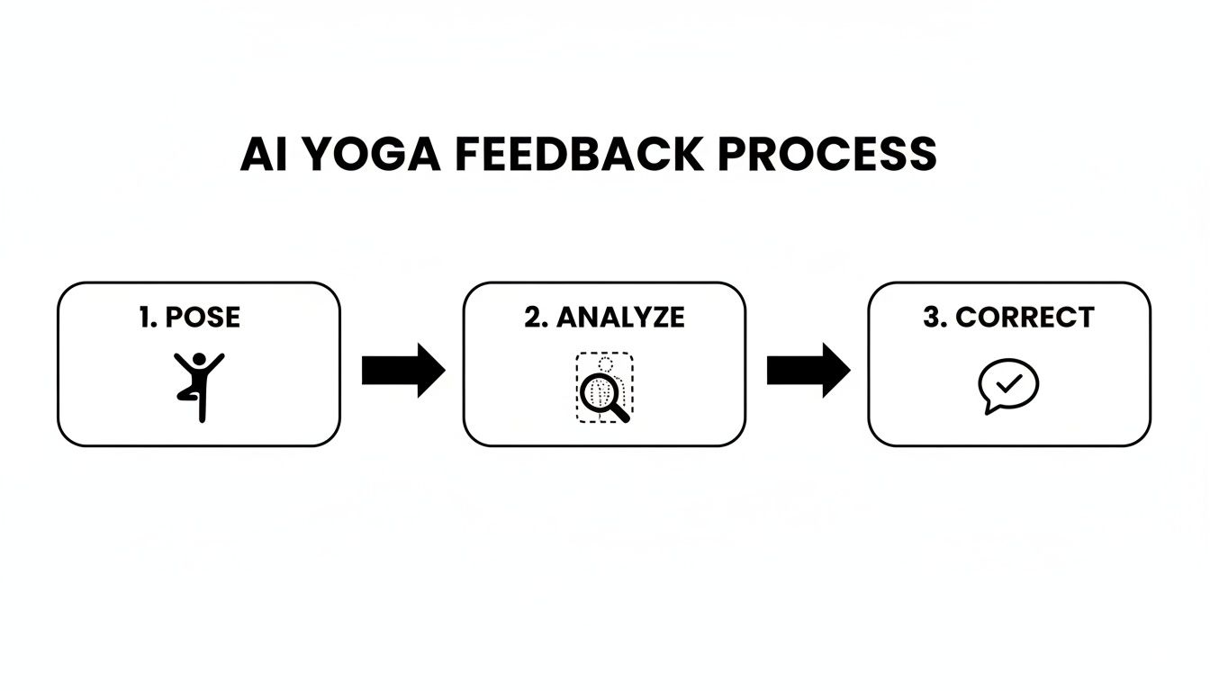 Flowchart showing the AI yoga feedback process: Pose, Analyze, and Correct, with corresponding icons.