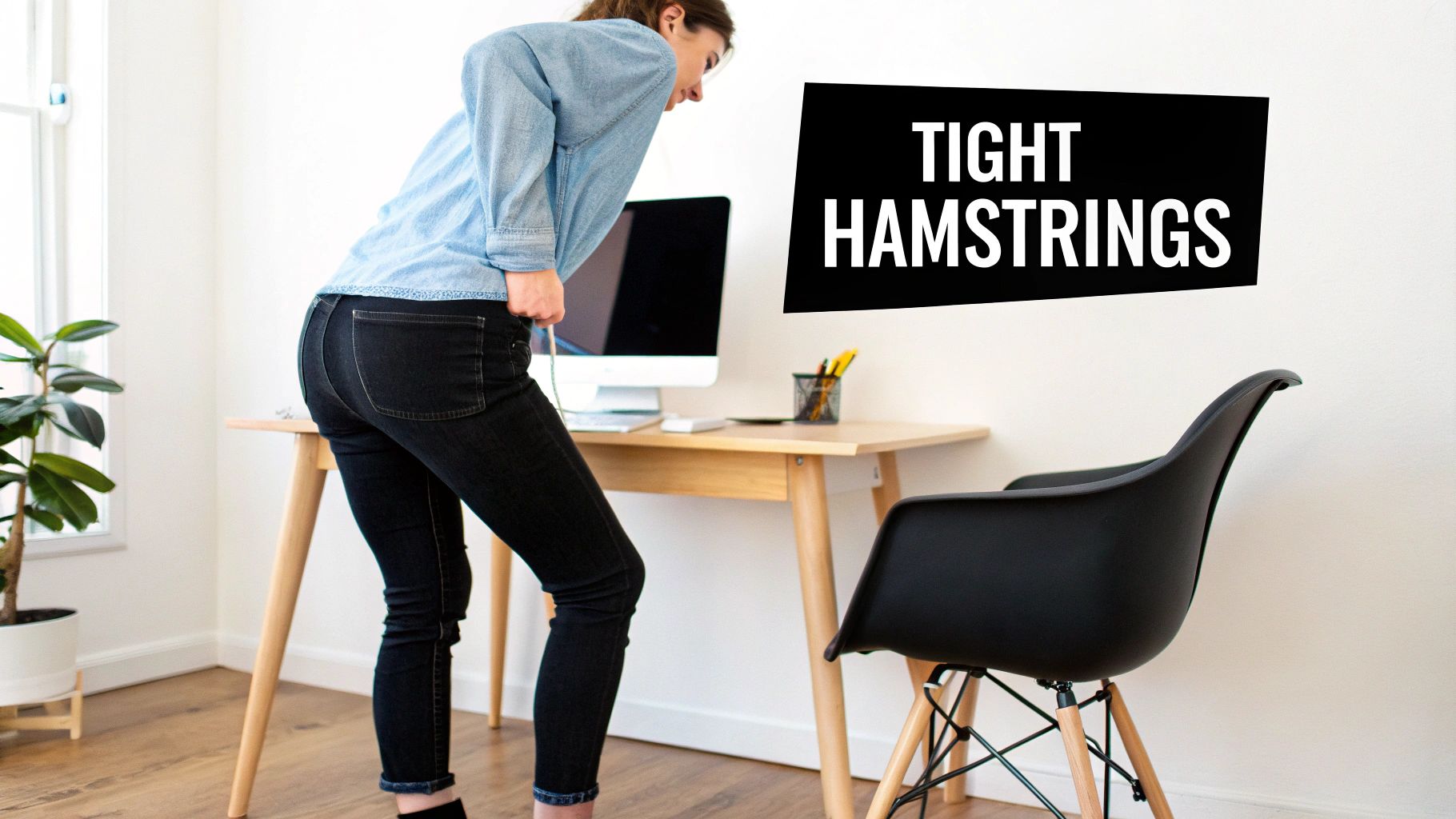 A woman leans over a desk, appearing to stretch her lower back due to tight hamstrings.