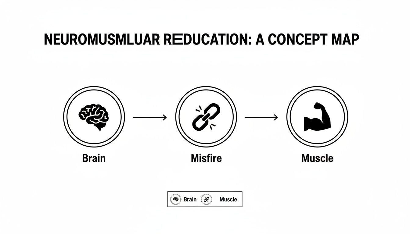 Concept map showing the brain-muscle connection, illustrating a misfire in neuromuscular reeducation.
