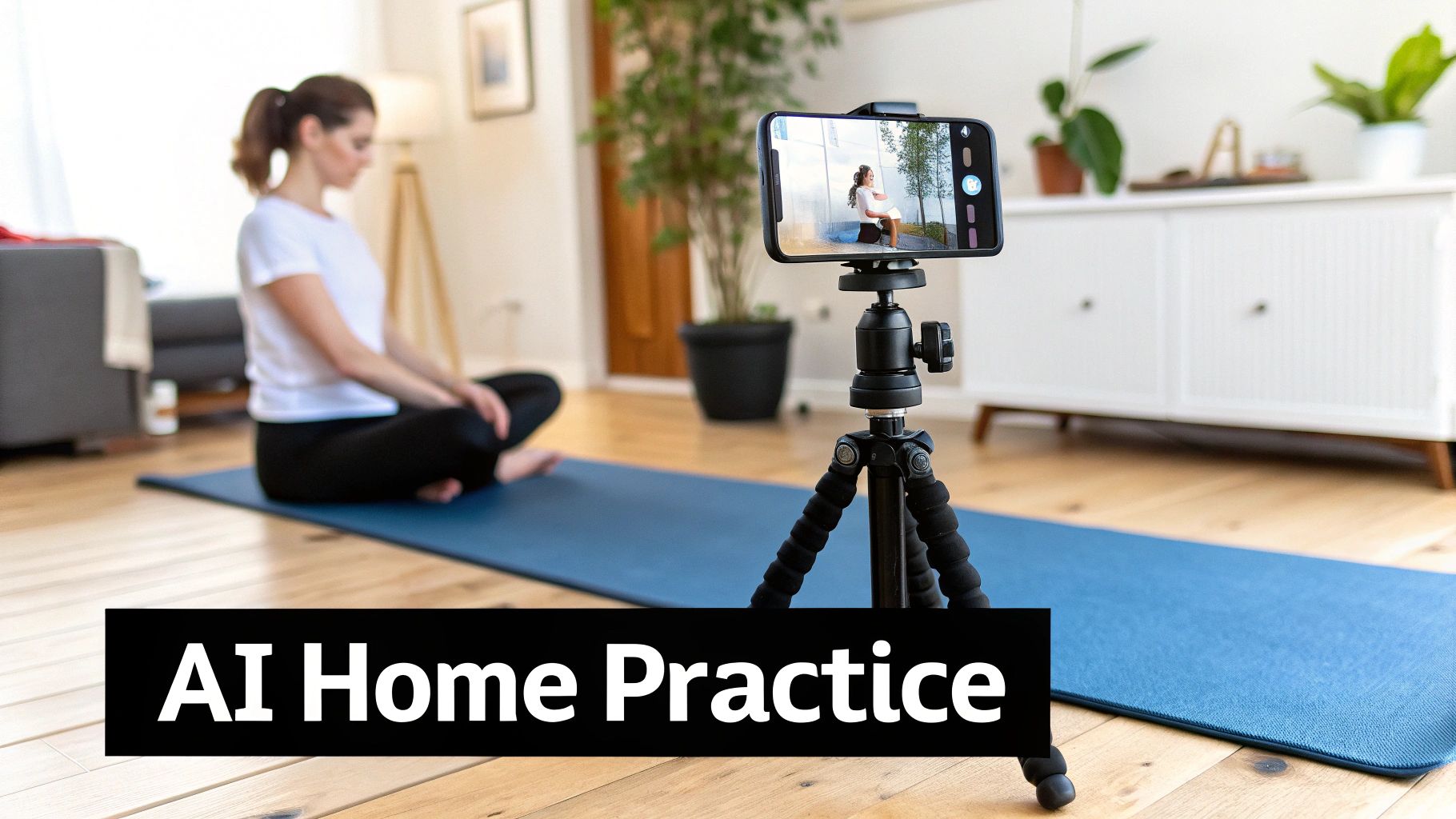 A woman practices yoga on a mat at home, being filmed by a smartphone on a tripod, with 'AI Home Practice' overlay.