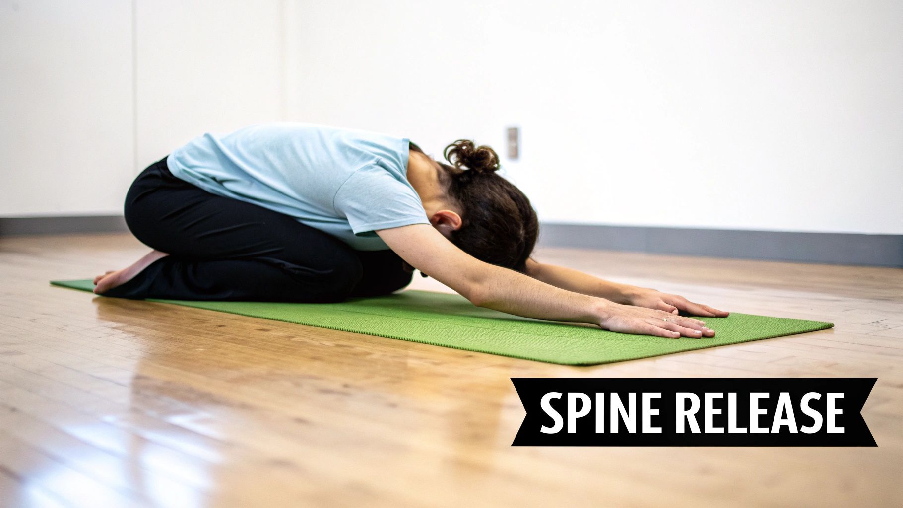 A person in Child's Pose on a green yoga mat, stretching for spine release.