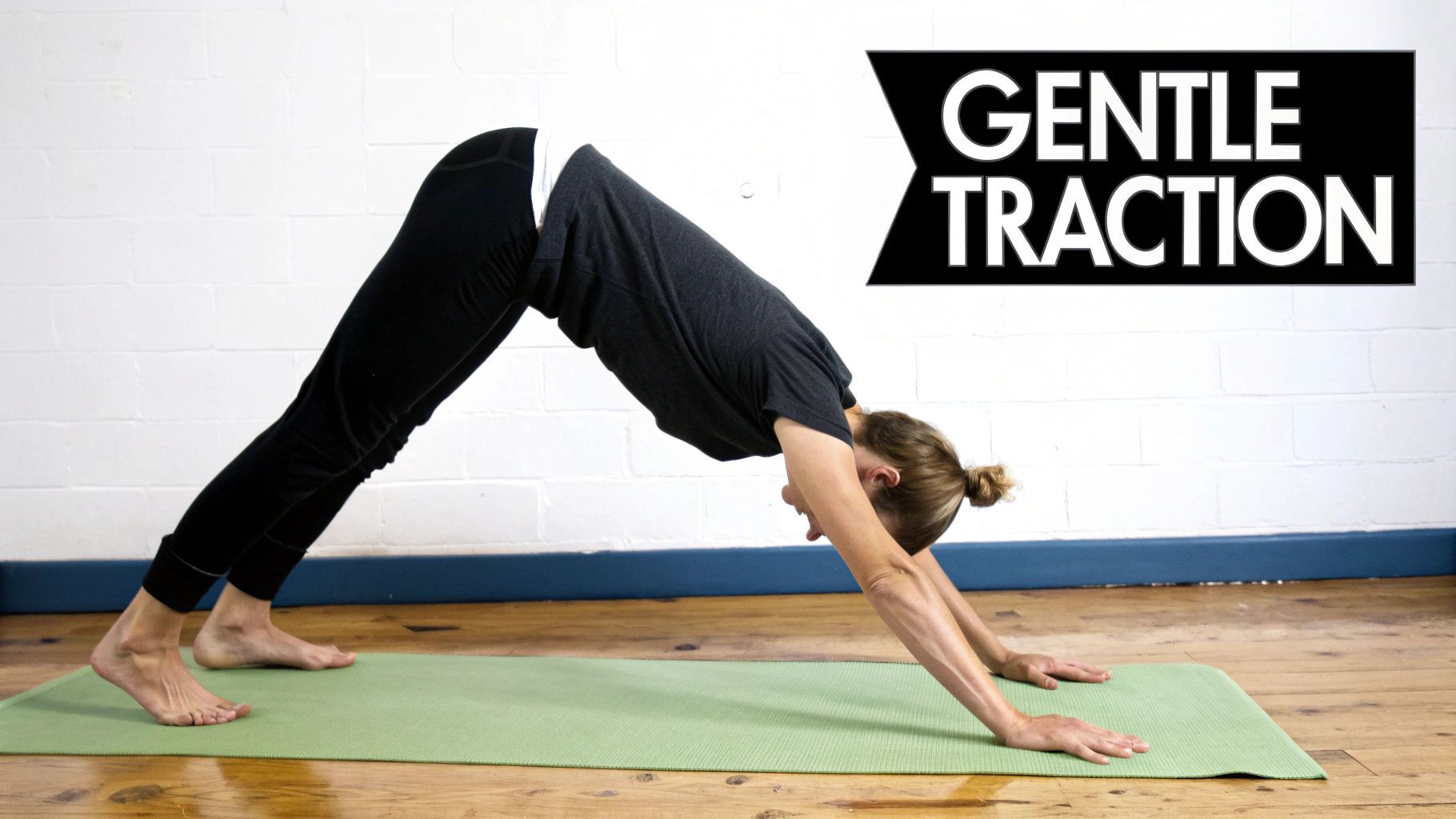 A woman practices downward-facing dog yoga pose on a green mat for gentle spinal traction.