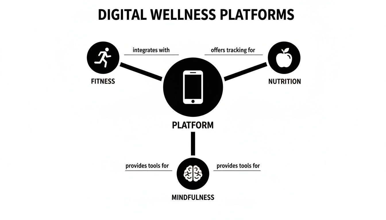 Diagram illustrating a digital wellness platform integrating fitness, nutrition tracking, and mindfulness tools.