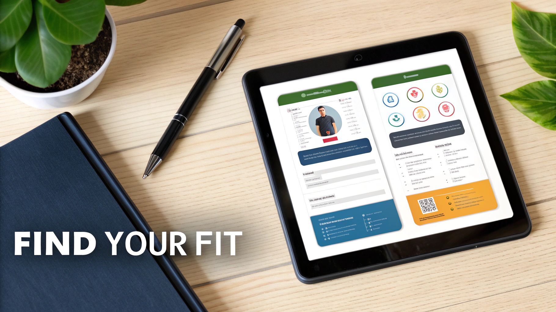 A tablet on a wooden desk displays a digital profile or wellness platform, next to a notebook and pen.