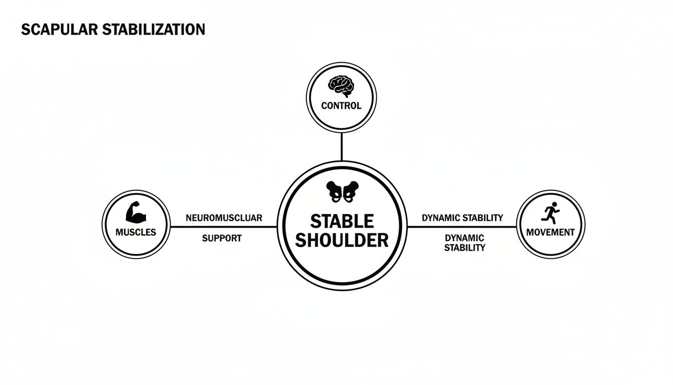 Diagram illustrating the components of scapular stabilization for a stable shoulder, including muscles, control, and movement.