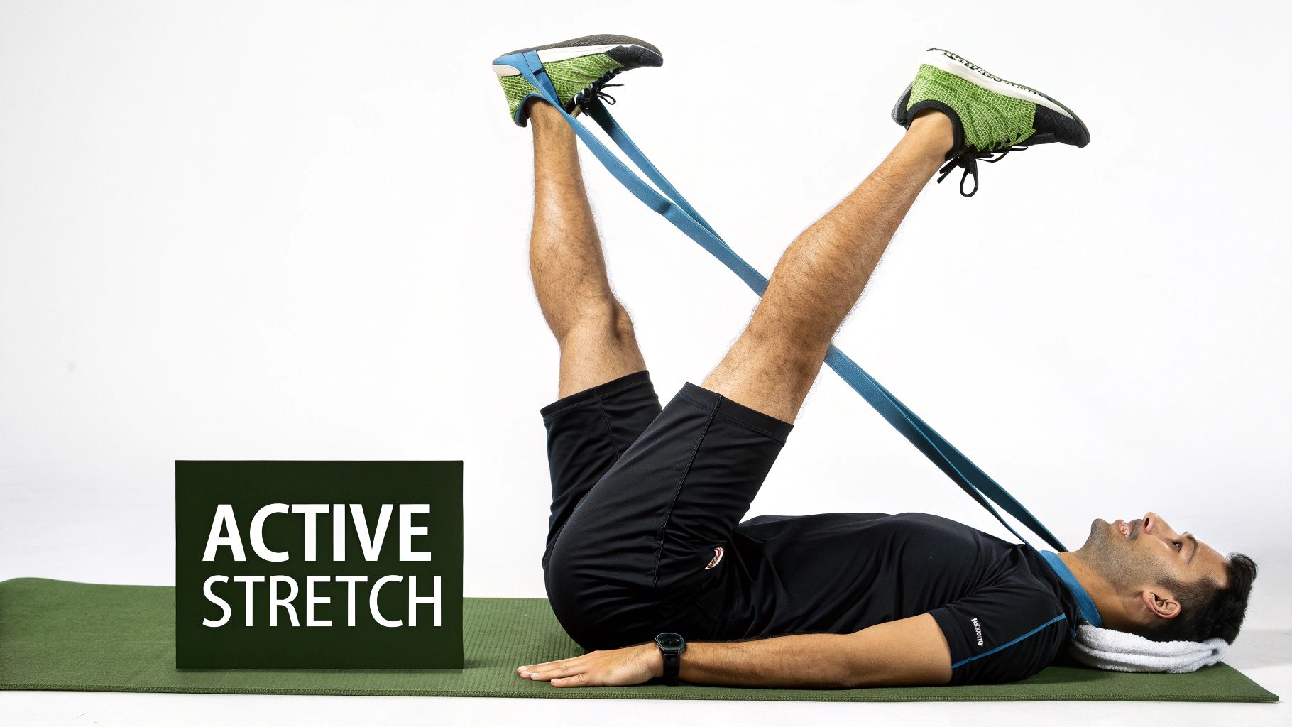 A man lies on a mat, stretching his legs upwards with a blue resistance band, beside an 'ACTIVE STRETCH' sign.