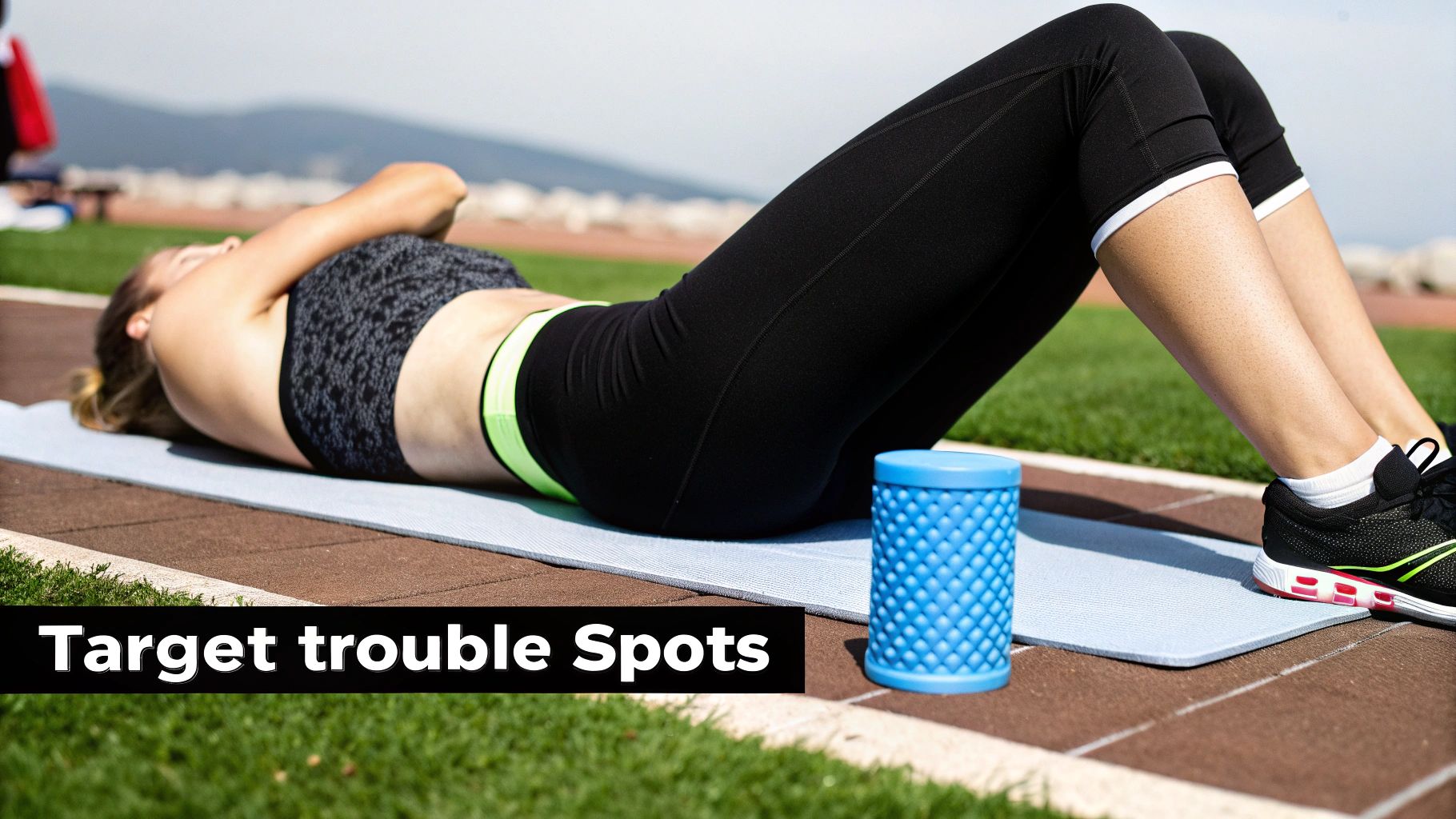 A woman lying on a yoga mat outdoors with a blue foam roller, ready for muscle recovery.