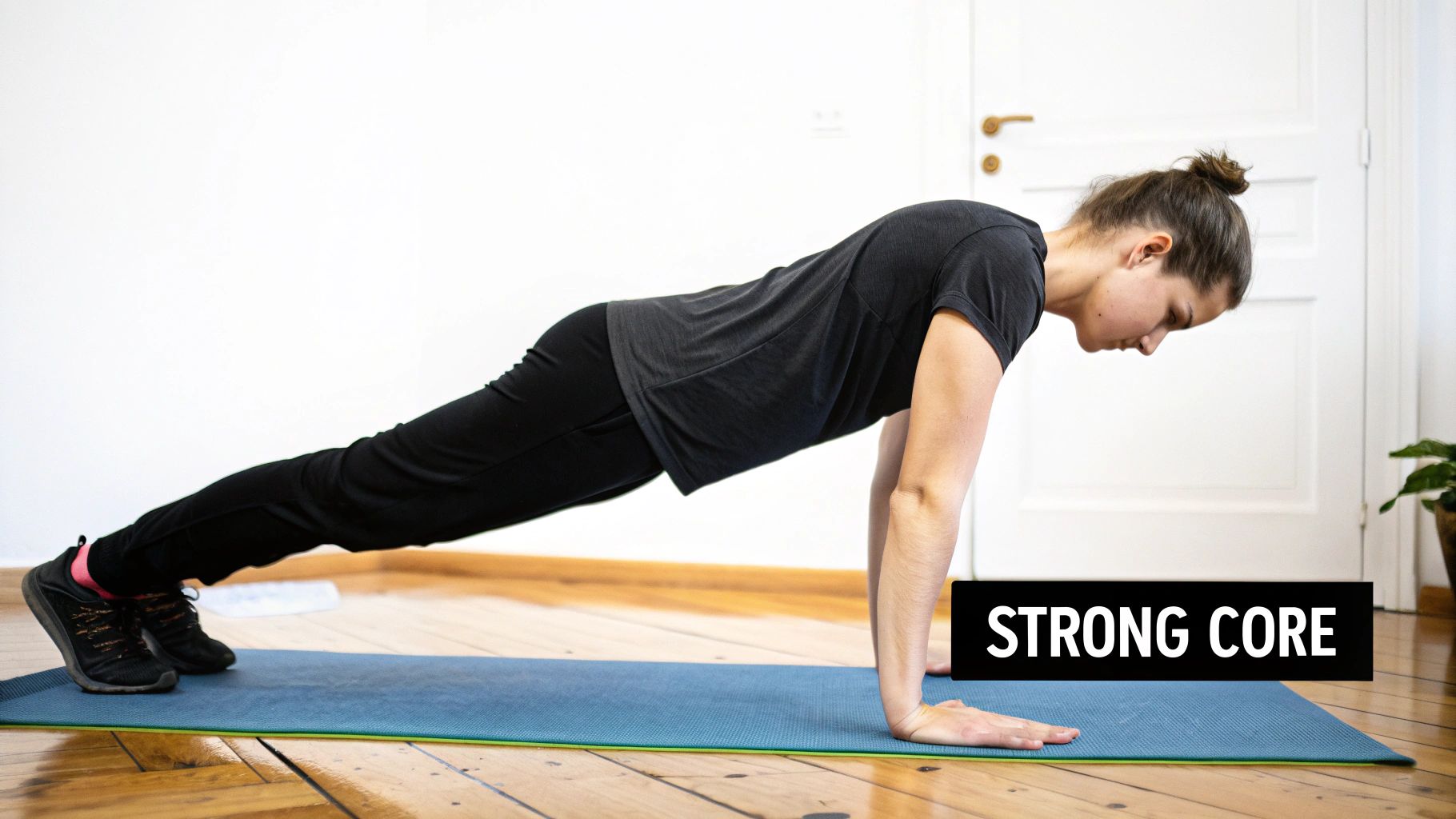 A woman in a plank position on a blue yoga mat, performing a core exercise.