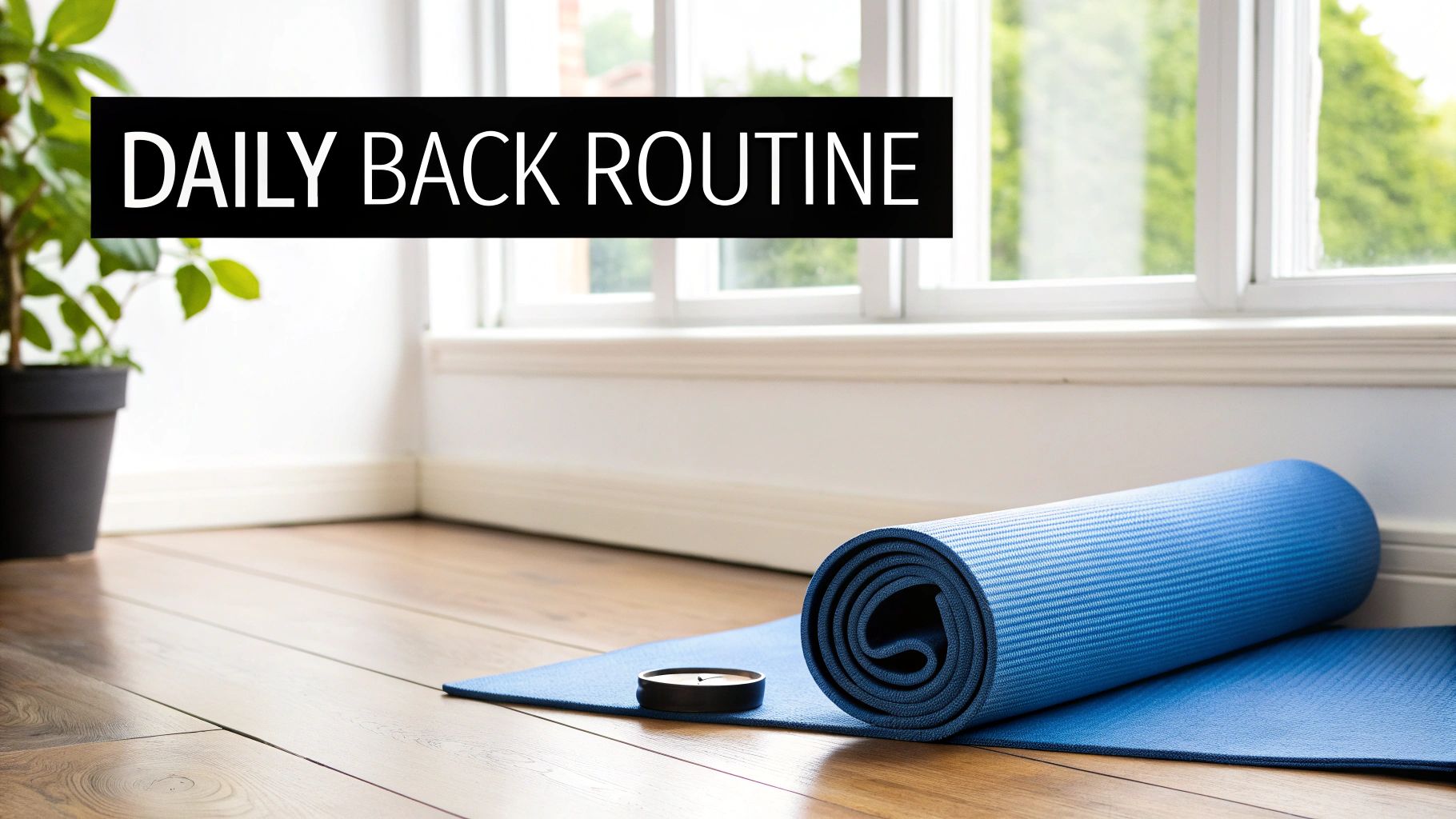 A blue yoga mat partially unrolled on a wooden floor, with a timer and a plant, ready for a daily back routine.