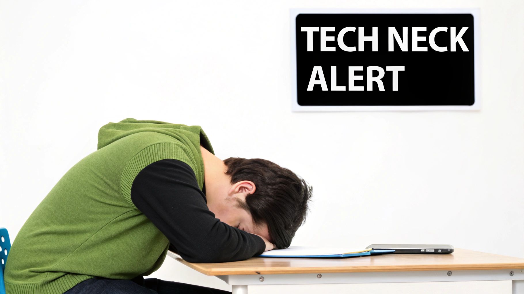 A person with a slumped posture looking at their phone