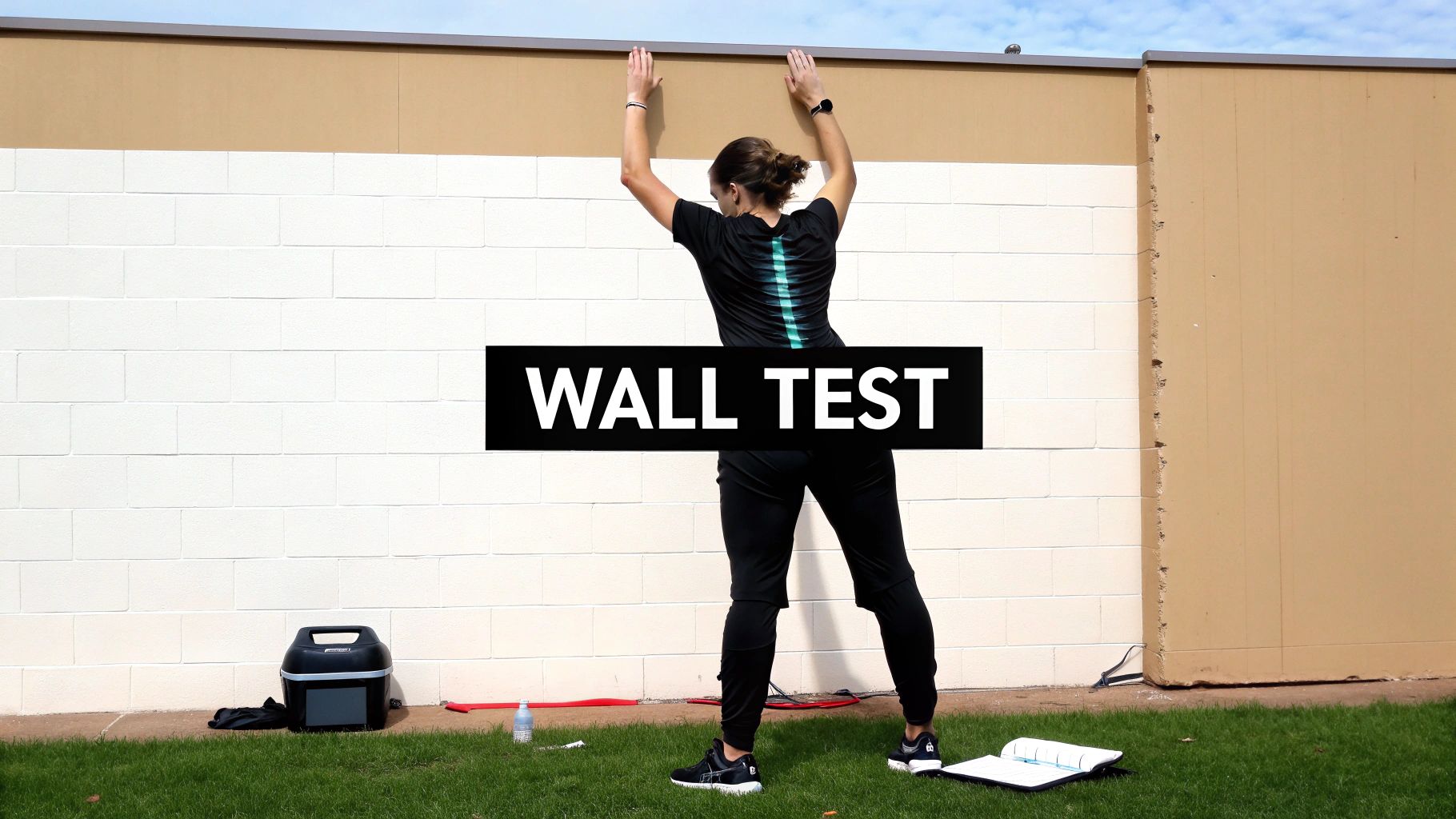 A person standing against a wall to check their body alignment