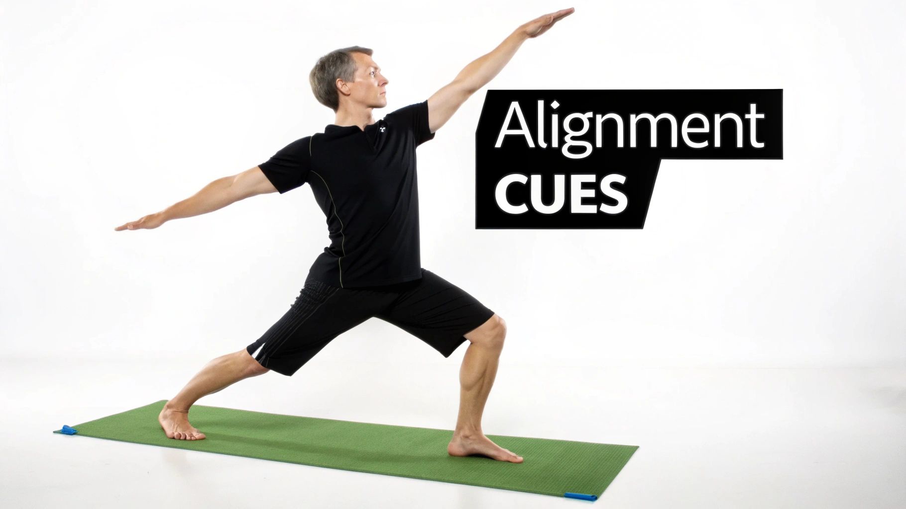 A person demonstrates proper yoga alignment with the help of digital overlays showing angles and correct posture.