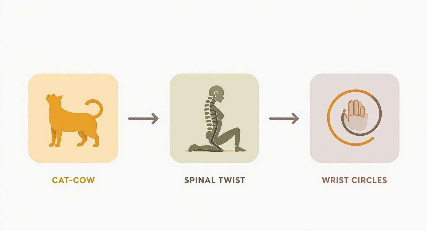 Three-step yoga sequence diagram showing cat-cow pose, spinal twist, and wrist circles exercise progression