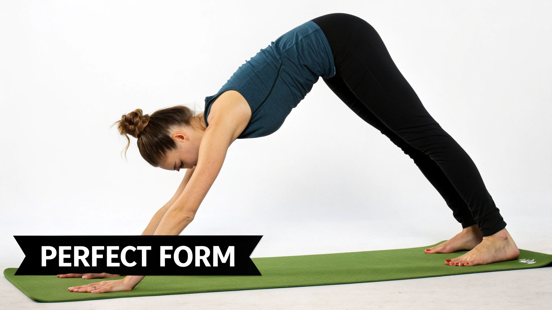 Woman demonstrating perfect downward dog yoga pose form on green mat