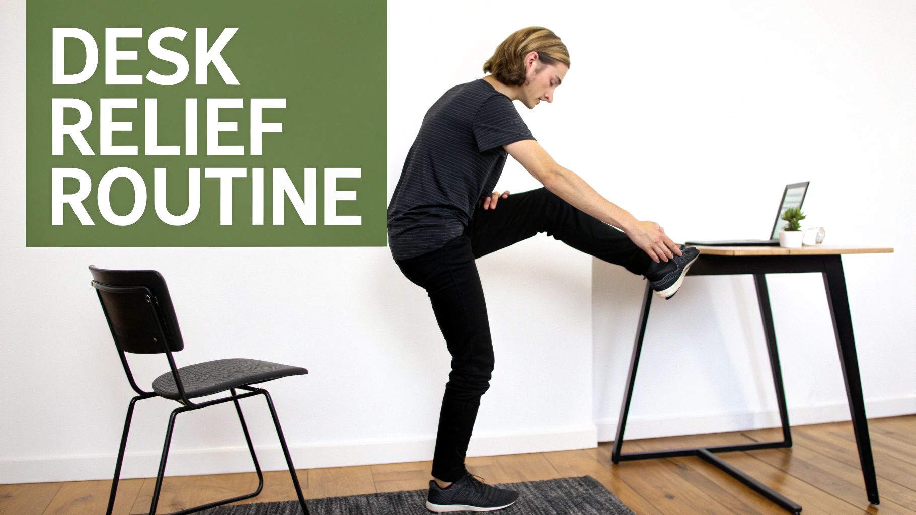 A person stretches their hamstring with one leg on a desk, next to a laptop, showing a desk relief routine.