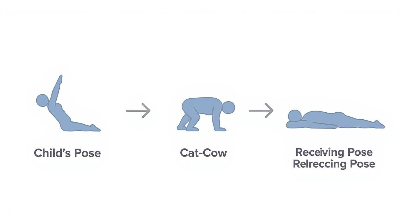 Illustration of three yoga poses: Child's Pose, Cat-Cow, and Receiving Pose, demonstrating a flow.