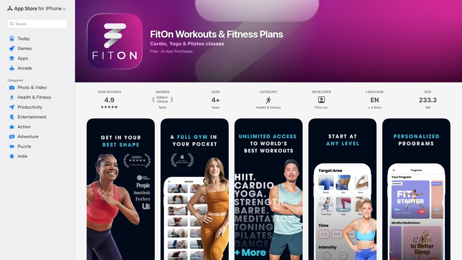FitOn – Free Workouts (Apple App Store)
