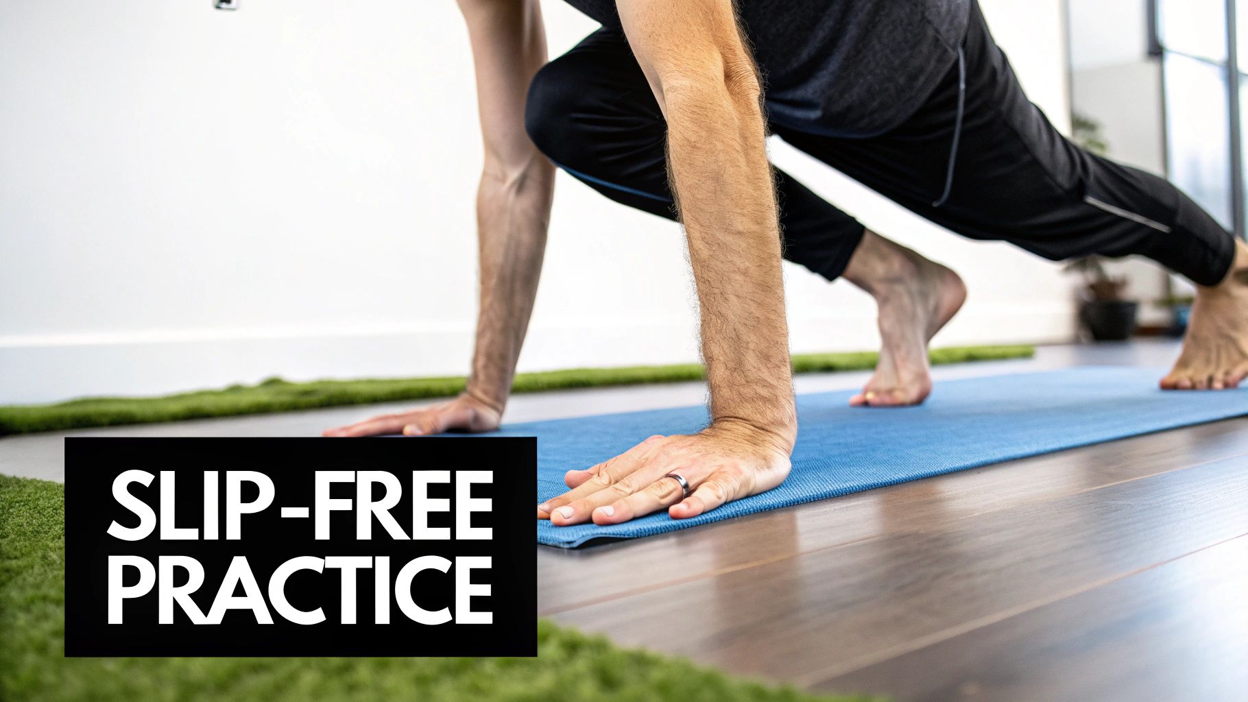 A person in athletic wear doing a yoga pose on a blue slip-free mat on a wooden floor.
