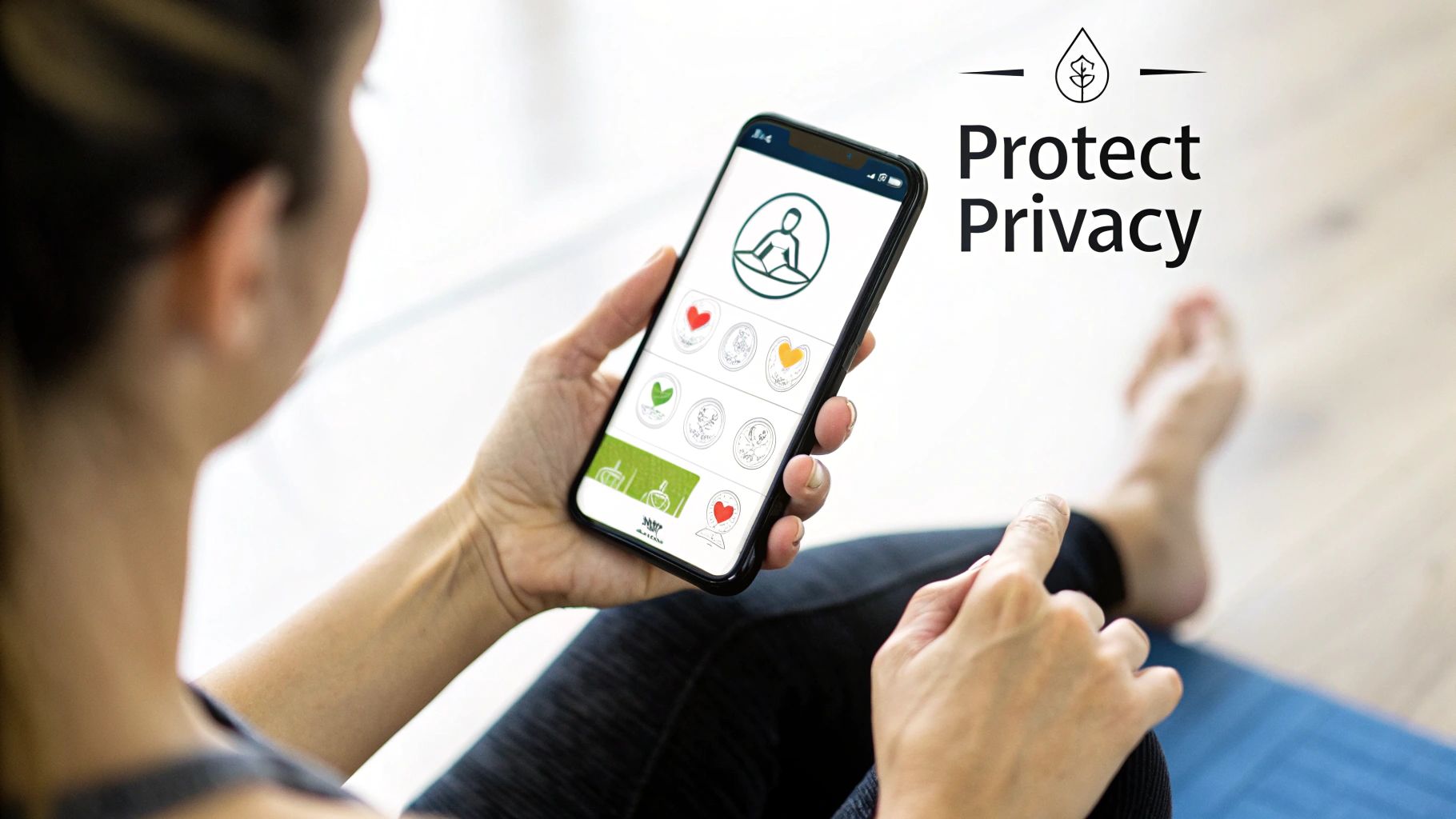 A person holds a smartphone displaying a meditation app with a meditating figure and heart icons, promoting privacy.