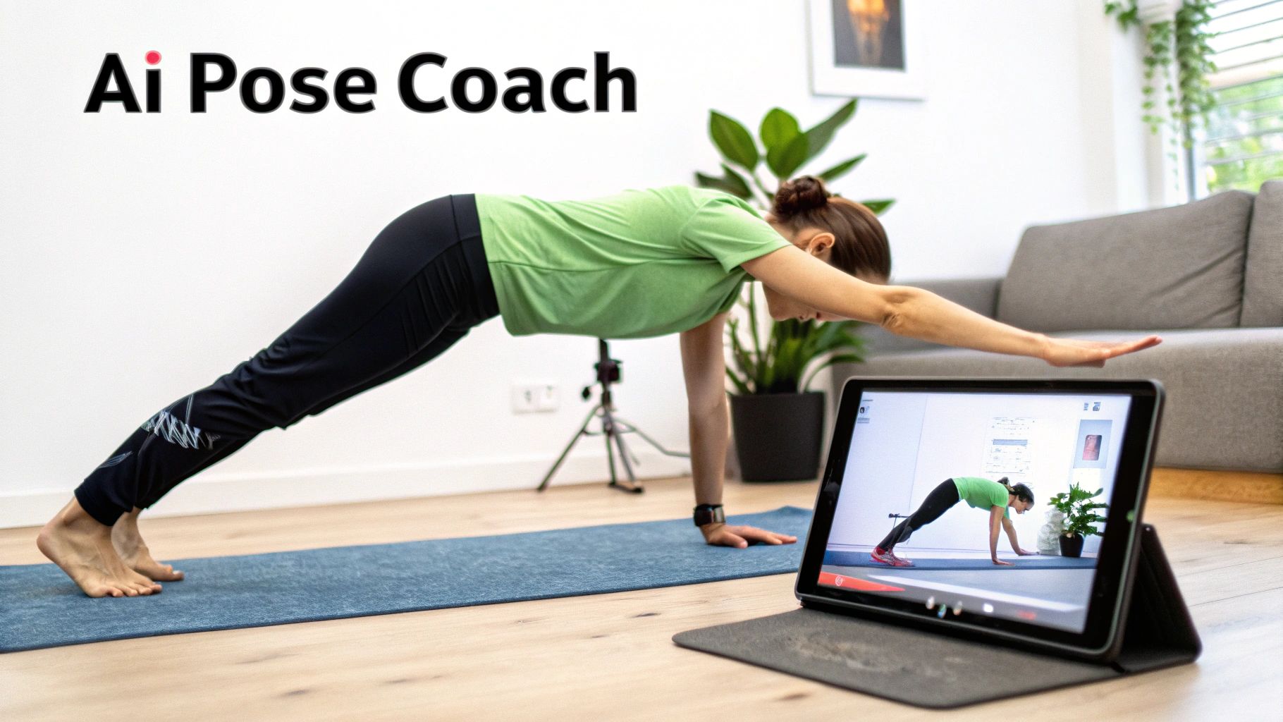 A woman exercising a yoga pose on a mat while viewing an AI fitness app on a tablet.