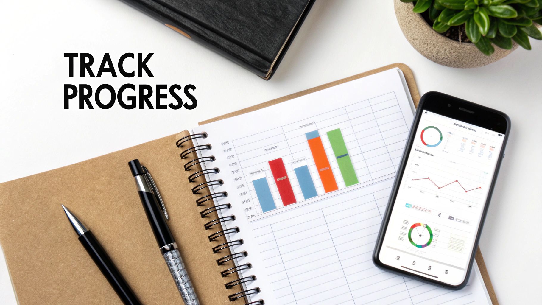 Flat lay workspace with a notebook, pens, and a smartphone displaying data charts, emphasizing progress tracking.