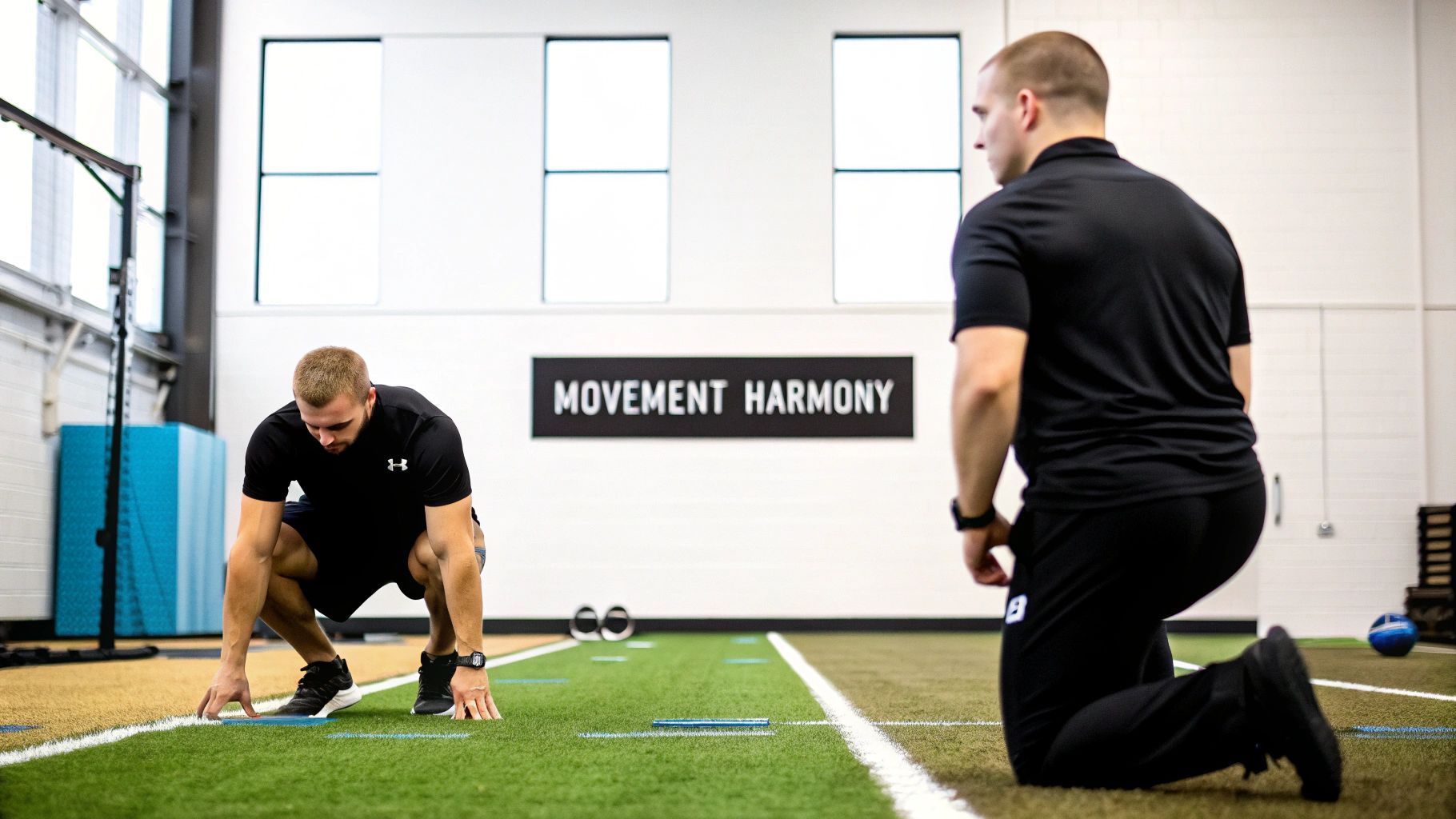 An athlete performs a functional movement assessment on a turf field, observed by a kneeling coach.