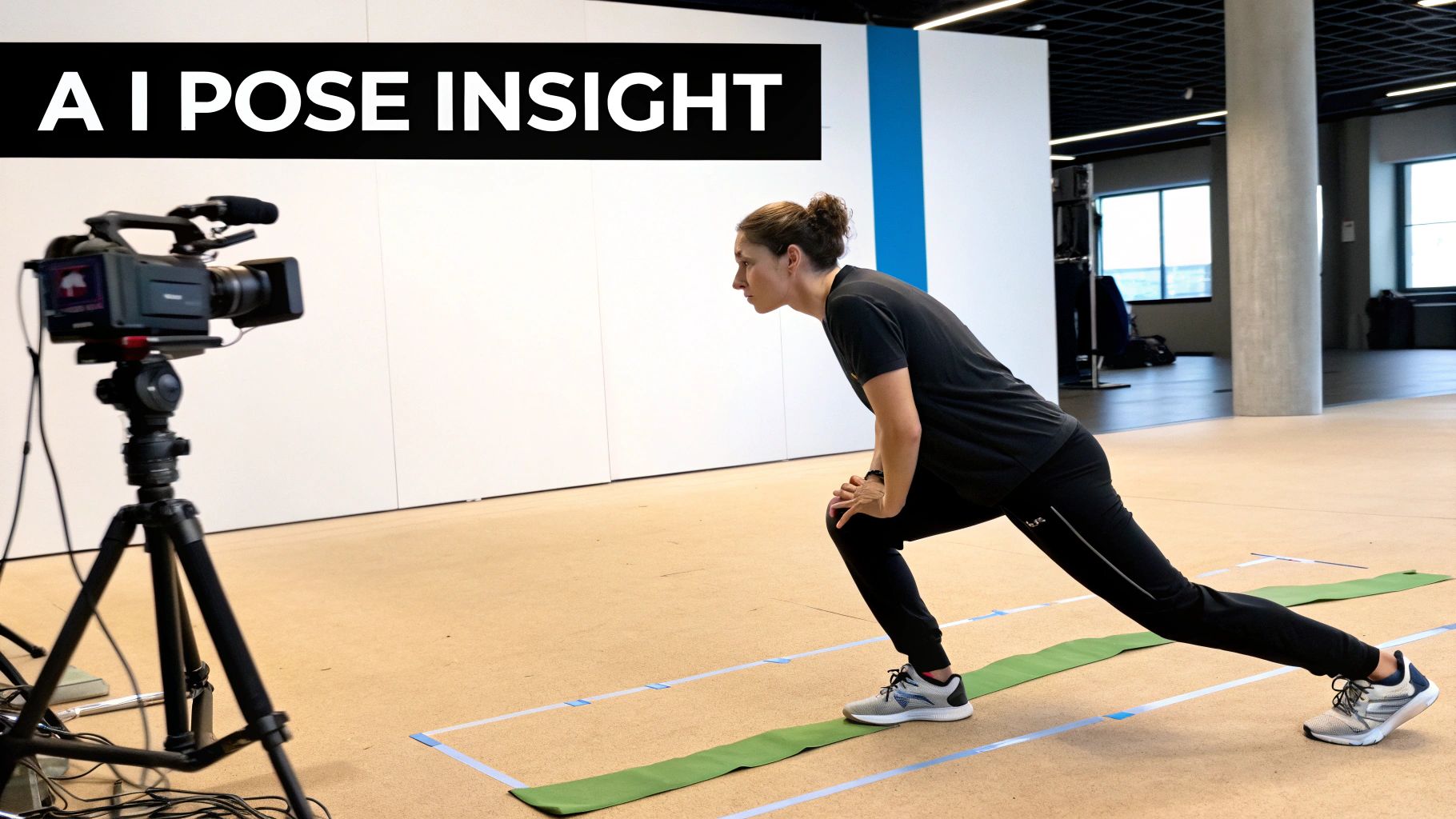 A woman performs a lunge exercise in a gym while being recorded by a camera for AI pose insight.