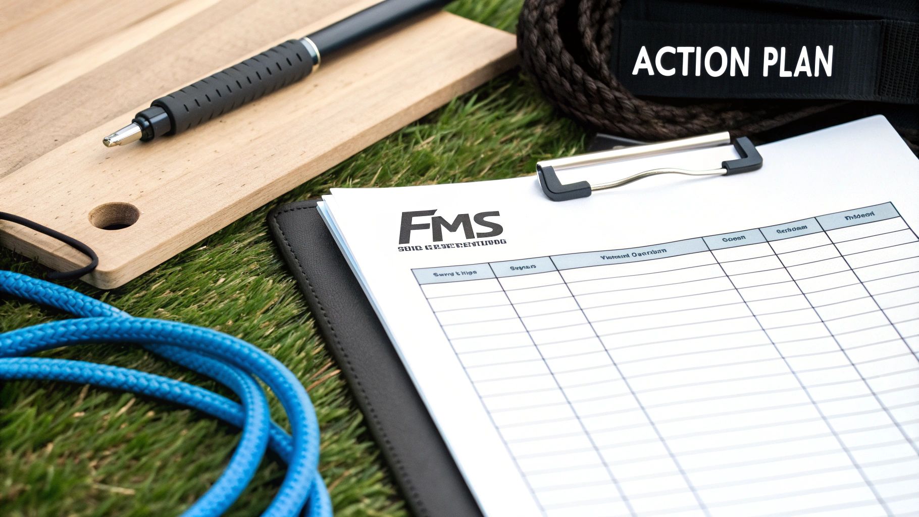 A Functional Movement Screen (FMS) form on a clipboard, with a pen, ropes, and an 'ACTION PLAN' strap on grass.
