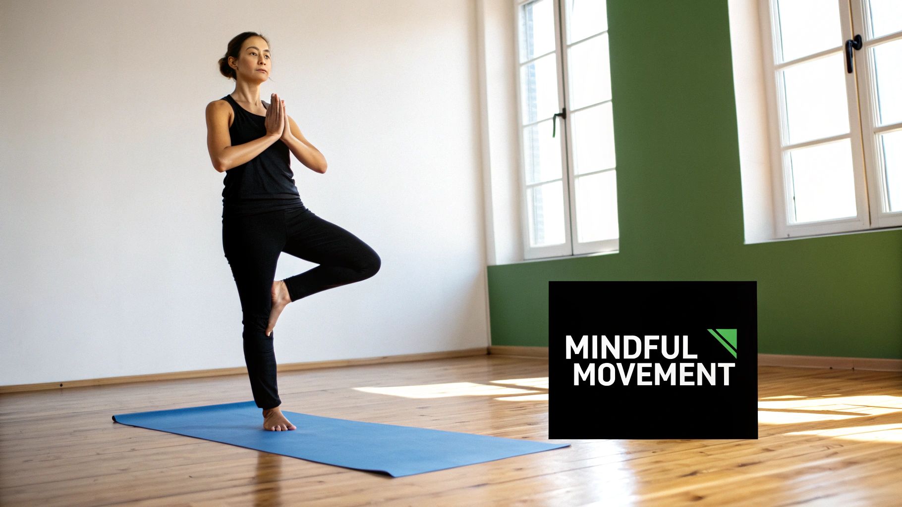 A woman in black activewear performs a yoga tree pose on a blue mat in a bright room with a 'Mindful Movement' logo.