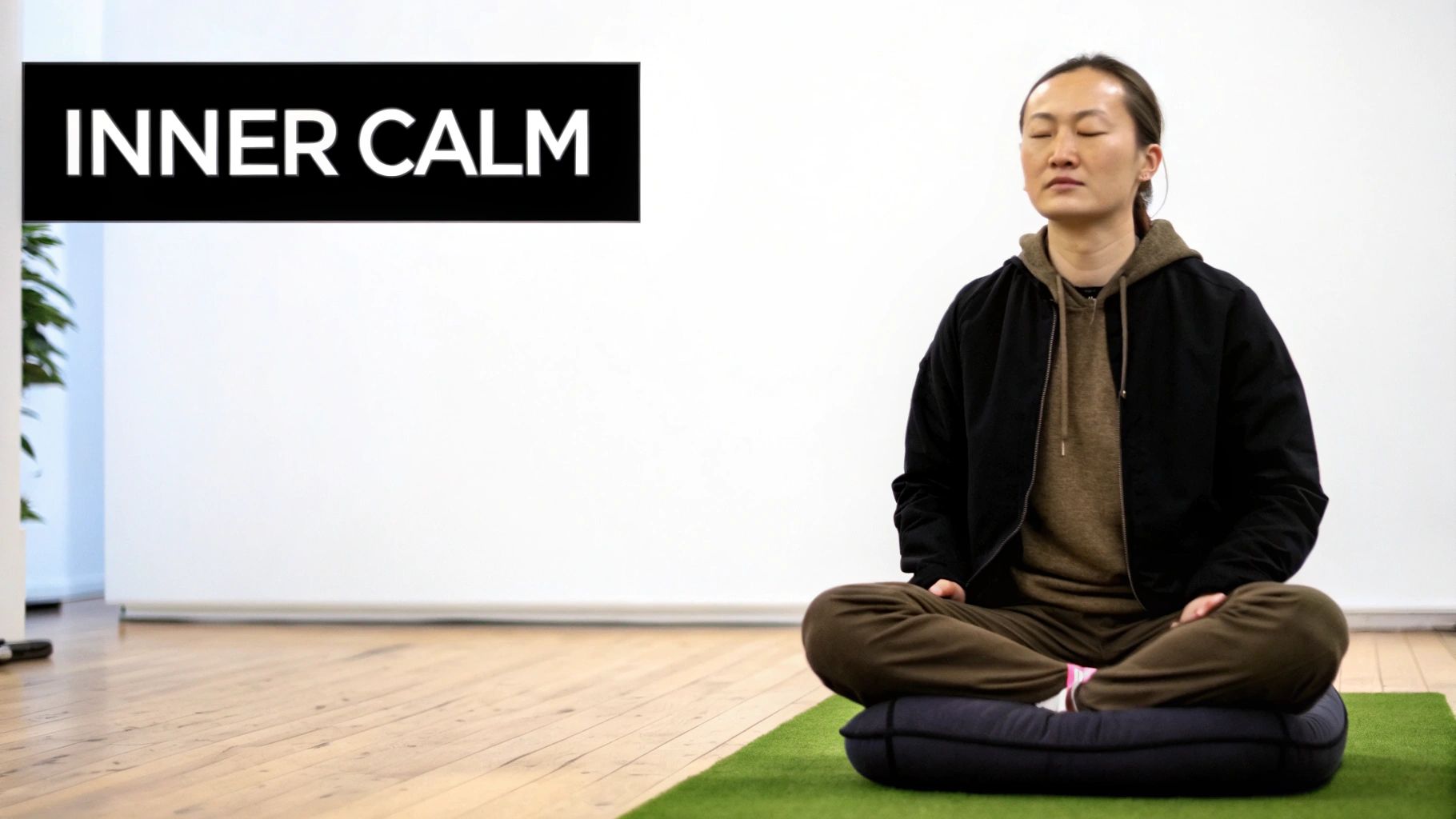 A person meditates peacefully on a cushion with eyes closed, promoting inner calm and mindfulness.