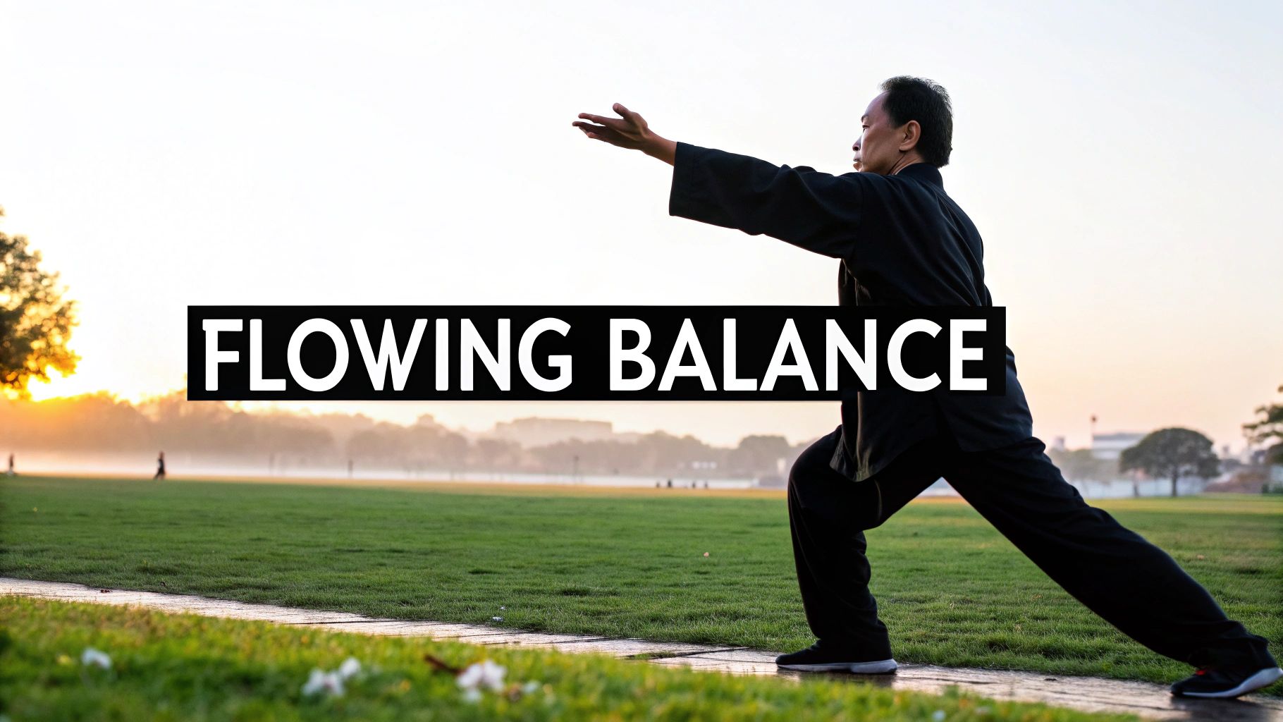 An older man in black performs tai chi in a park at sunrise with 'FLOWING BALANCE' text.
