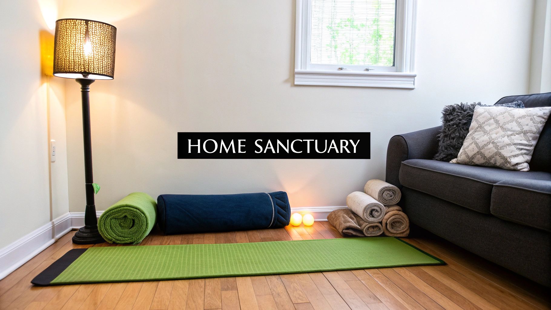 A cozy home sanctuary setup with a green yoga mat, blue bolster, rolled blankets, and a glowing floor lamp.