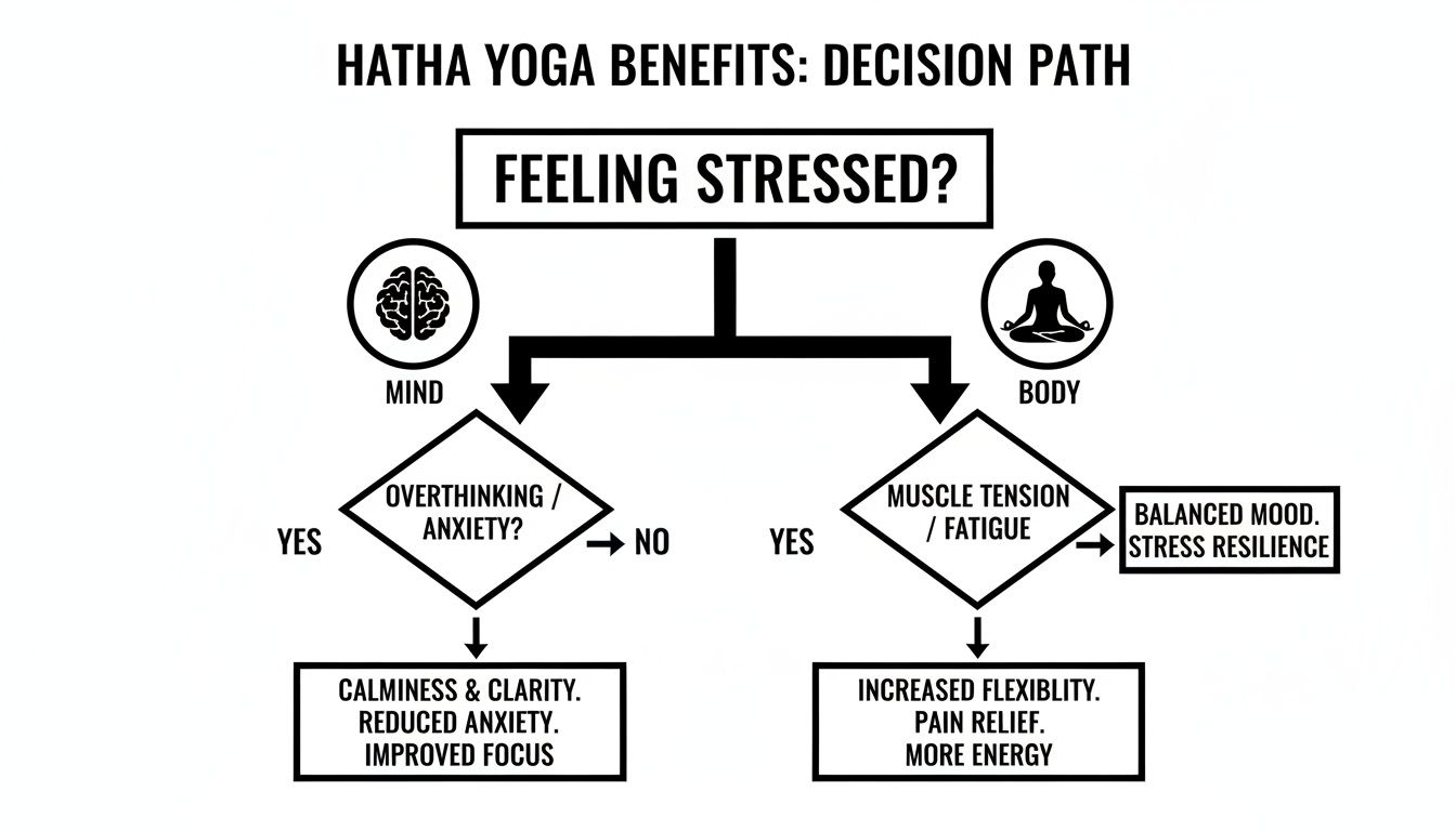 Flowchart illustrating Hatha Yoga benefits for stress, tackling overthinking, anxiety, muscle tension, and fatigue.