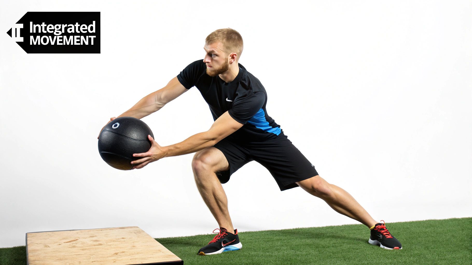 A man performing a functional fitness exercise with a medicine ball on artificial turf.