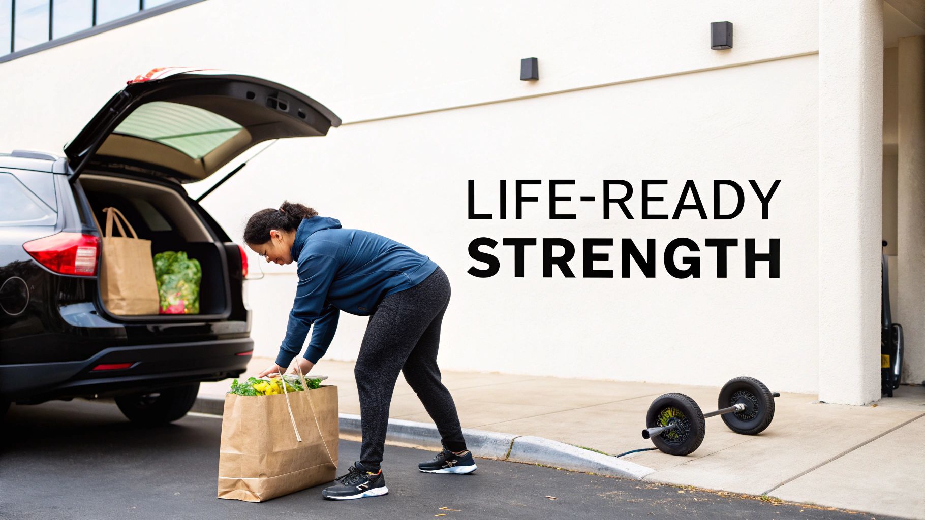 A woman lifts grocery bags from her car trunk, showcasing functional strength for daily tasks.