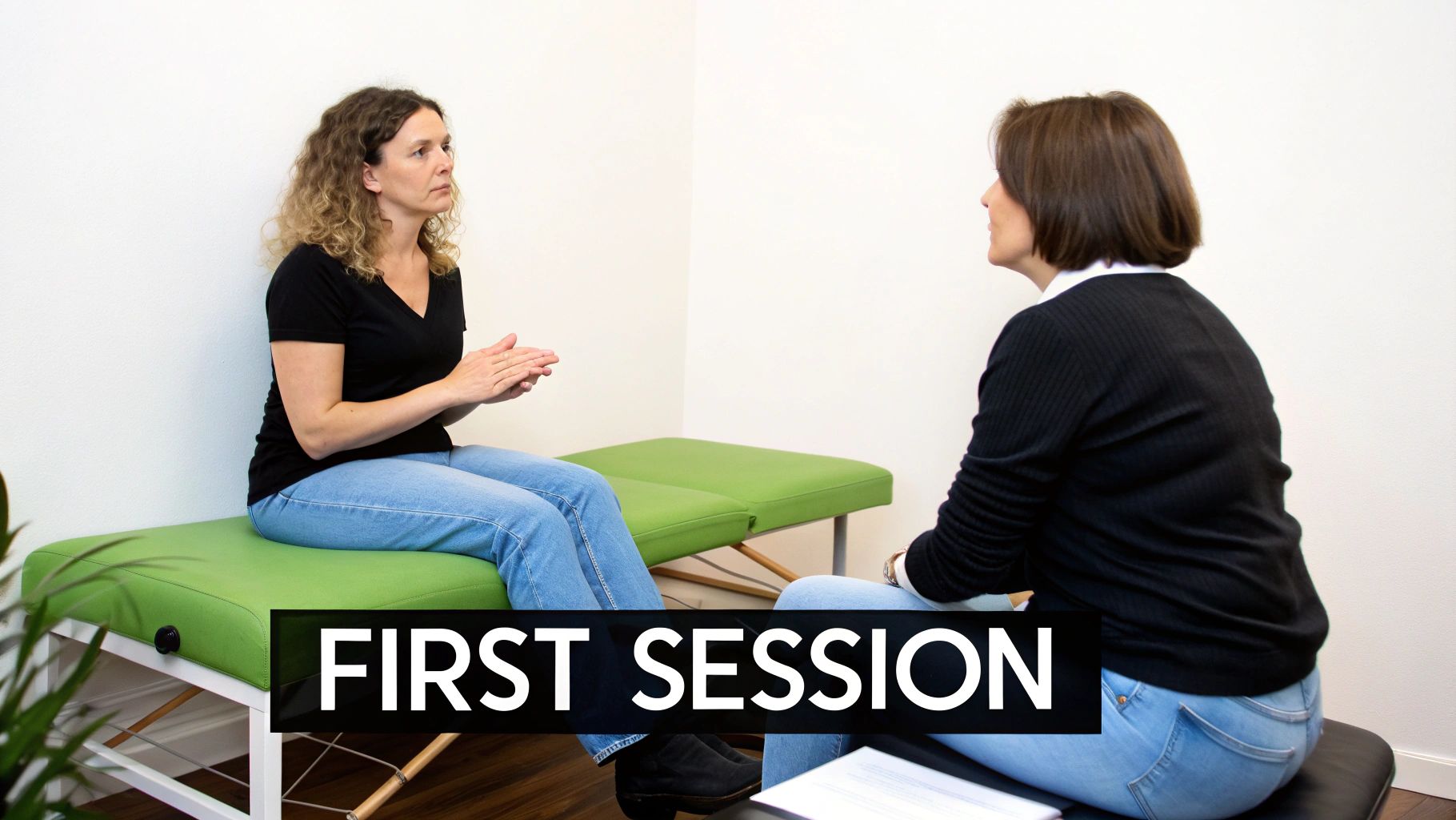Two women, possibly a therapist and client, having a first session on treatment tables in a bright room.