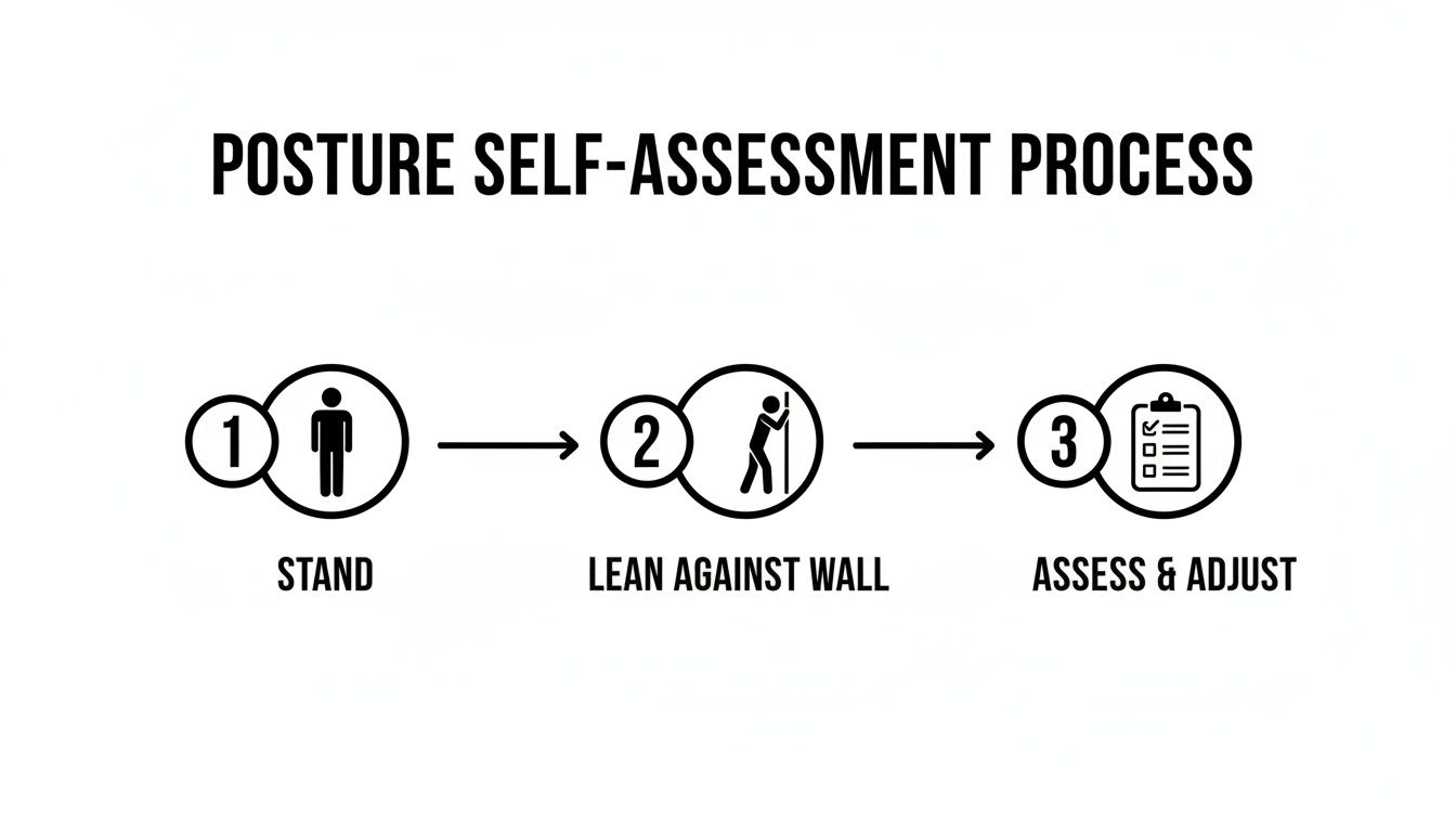 Diagram showing a 3-step posture self-assessment process: Stand, Lean against wall, and Assess & Adjust.